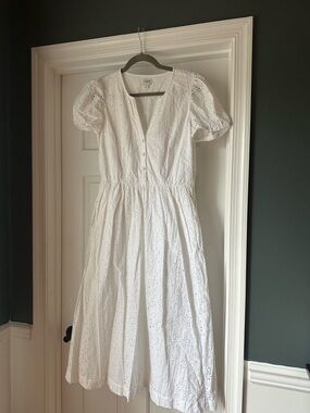 J Crew White Eyelet Midi Dress with Puff Sleeves and Pockets